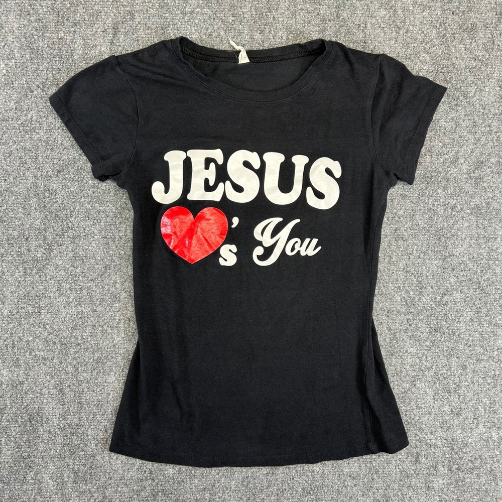 Jesus Loves You Graphic Baby Tee Black Short Sleeve Faith T-Shirt Medium